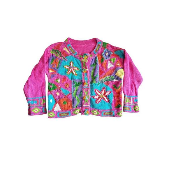 Unknown Sweaters - Floral Embroidered‎ Knit Pink Sweater with Beaded Buttons